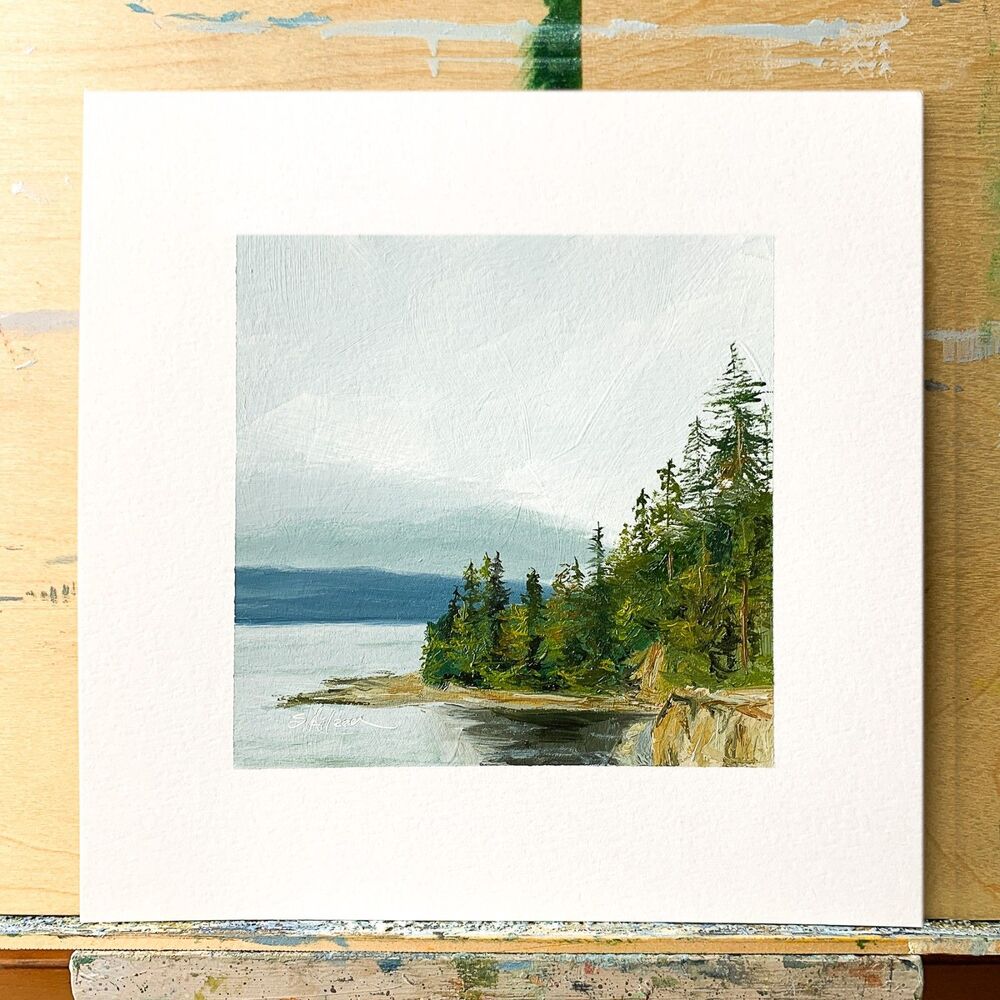 8x8 PNW Original Oil Painting Seascape Pacific Ocean Coastal Pine Trees Signed - Picture 2 of 10